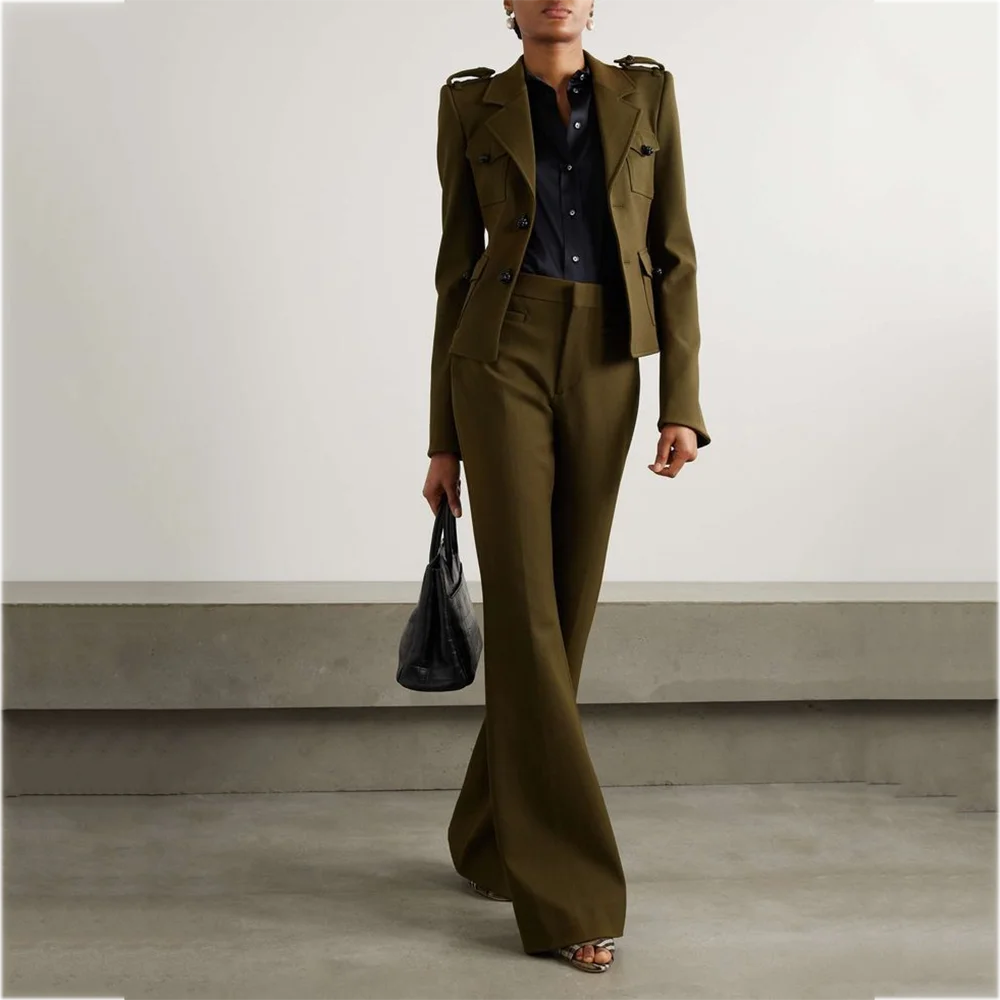 

Женский костюм по индивидуальному заказу с зубчатыми лацканами и несколькими карманами, модный повседневный наряд из двух предметов (куртка + брюки), прямой женский повседневный комплект