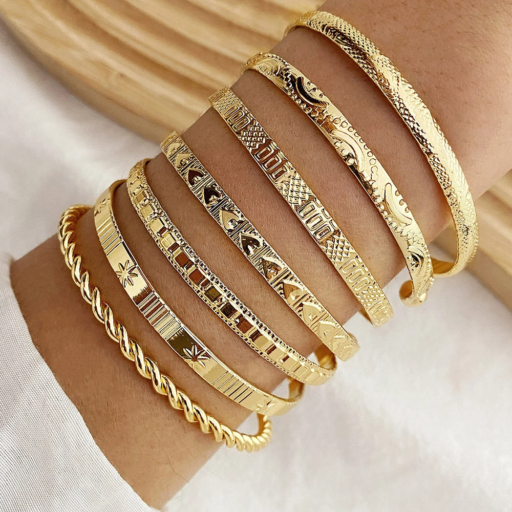 Gold Color Cuff Bracelet Set for Women Layered Stackable Opening Adjustable Bracelet Suitable for Daily Wear Fashion Jewelry