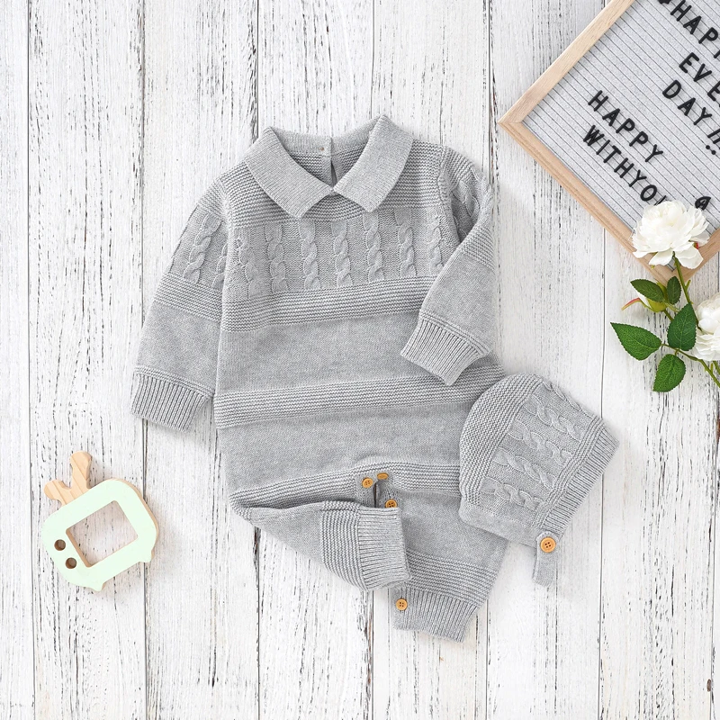 Cotton Baby Romper Knit Newborn Girl Boy Solid Jumpsuit Outfit Fashion Turndown Collar Infant Clothes Hat Long Sleeve Autumn 2PC