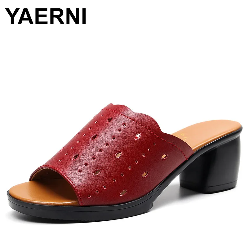 

Summer Women Open Toe Mid-heels 5cm Mother Slippers Cowhide Green Female Large Size 41 42 Hollow Out