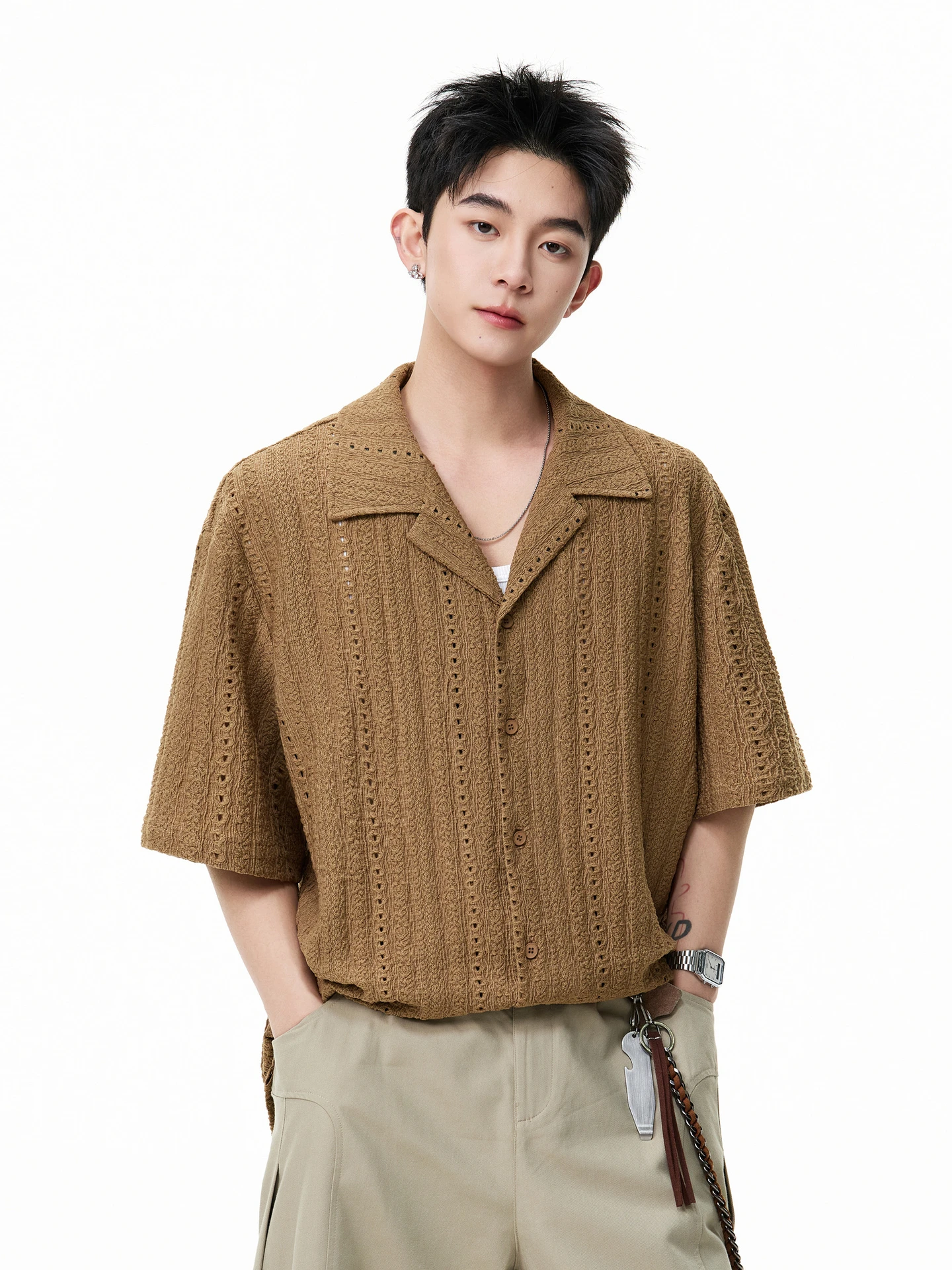 

Loose Fit Cuban Collar ort Sve irt Men's Women's Summer Casual Wear Breathable Hollow out Design Versatile f Sve