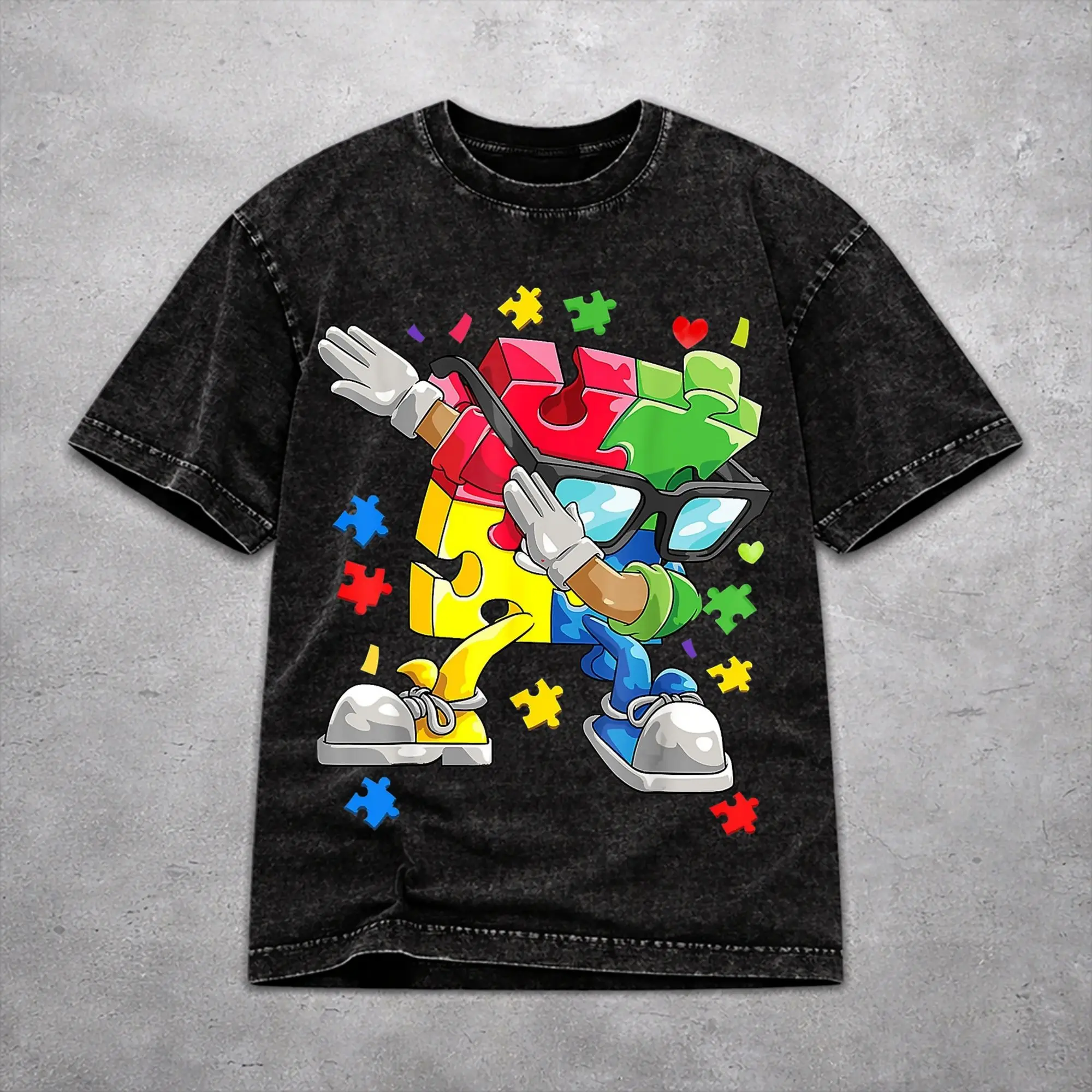 Oversize Dabbing Puzzle Autism Awareness Outfit T-Shirts for Men Women  Washed Style Tee Shirt Clothing