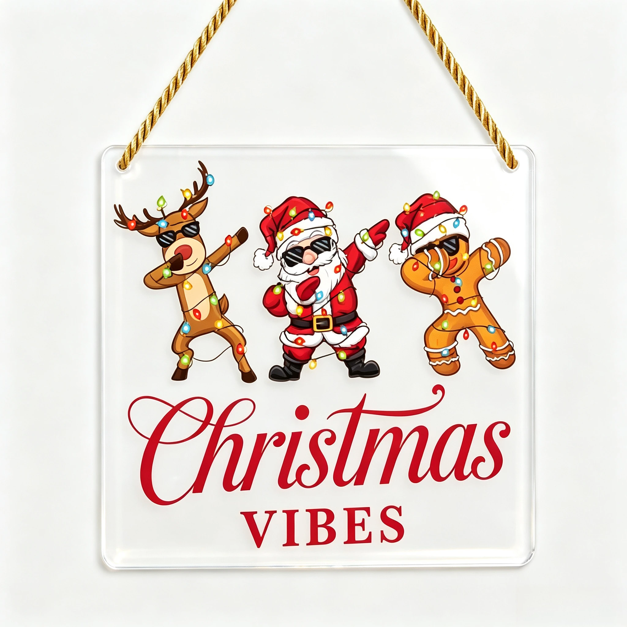 Christmas Vibes Square Acrylic Hanging Sign, Dabbing Santa Reindeer Gingerbread Man Xmas Wall Decor