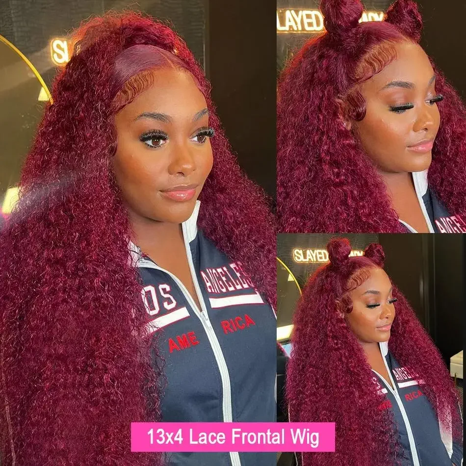 Onda Profunda Curly Lace Frontal Peruca para Mulheres, Perucas de Cabelo Humano, Borgonha, HD, 250 Densidade, 13x4, 99J