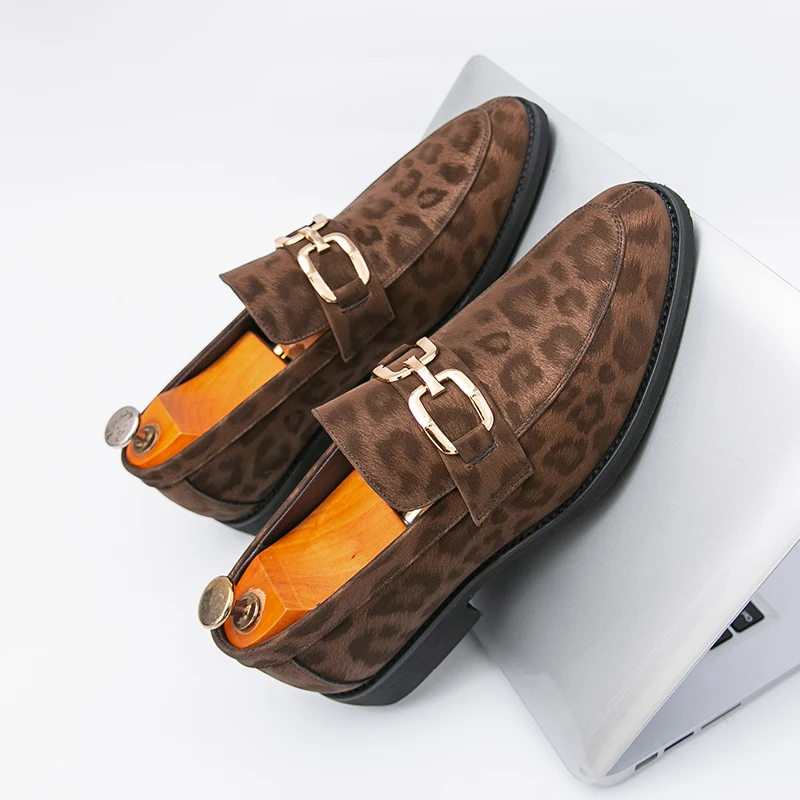 Men Leopard Print Loafers with Suede Print Low Heel Fashionable Comfortable Business Leisure Banquet Men Shoes Sizes 38-46