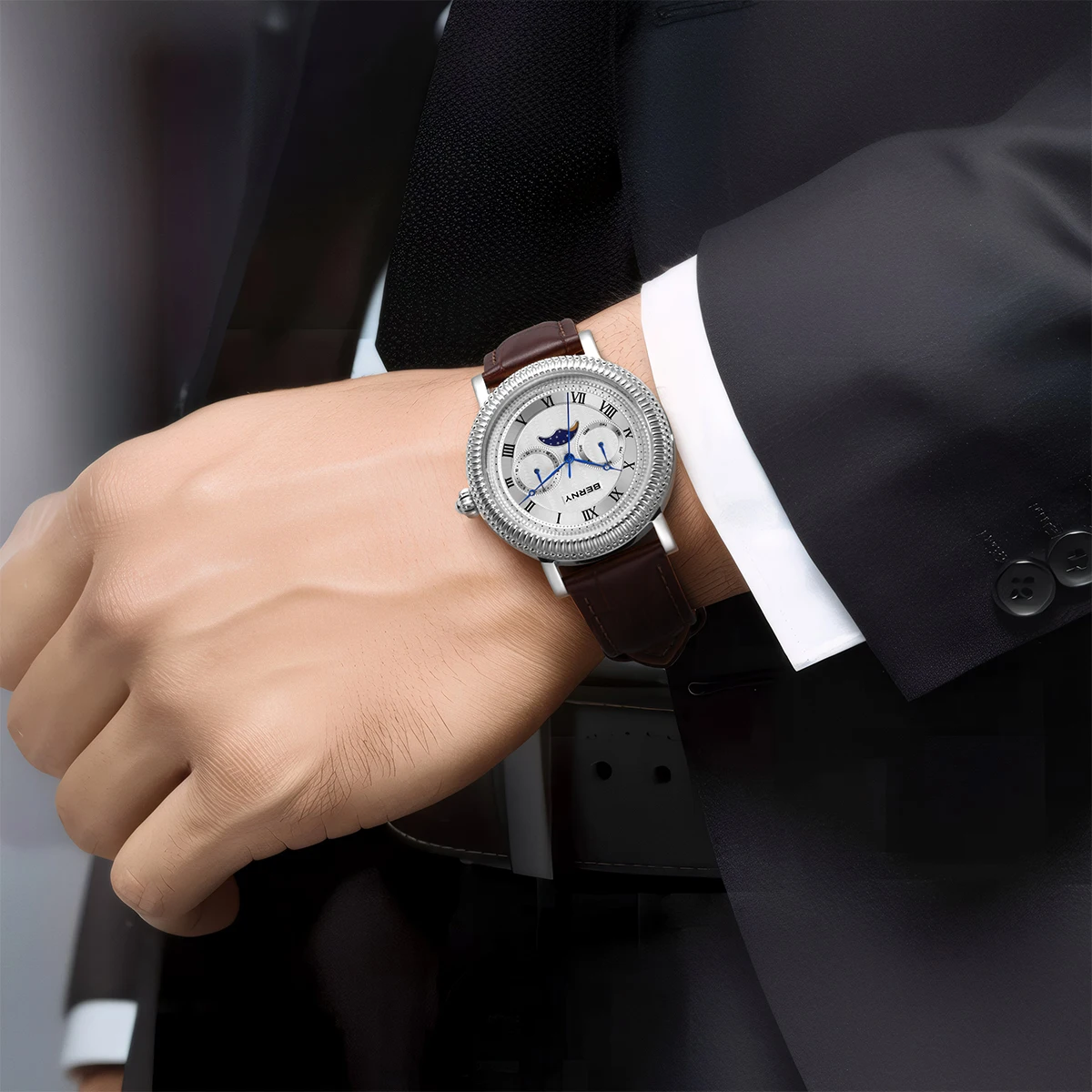 BERNY Uhren für Herren, Luxus-Kleidermarke, Business, Gold, Quarz, echte Monde, Herrenuhr, S/S, Saphir, Kalender, Mondphase-Armbanduhr – Detail 15