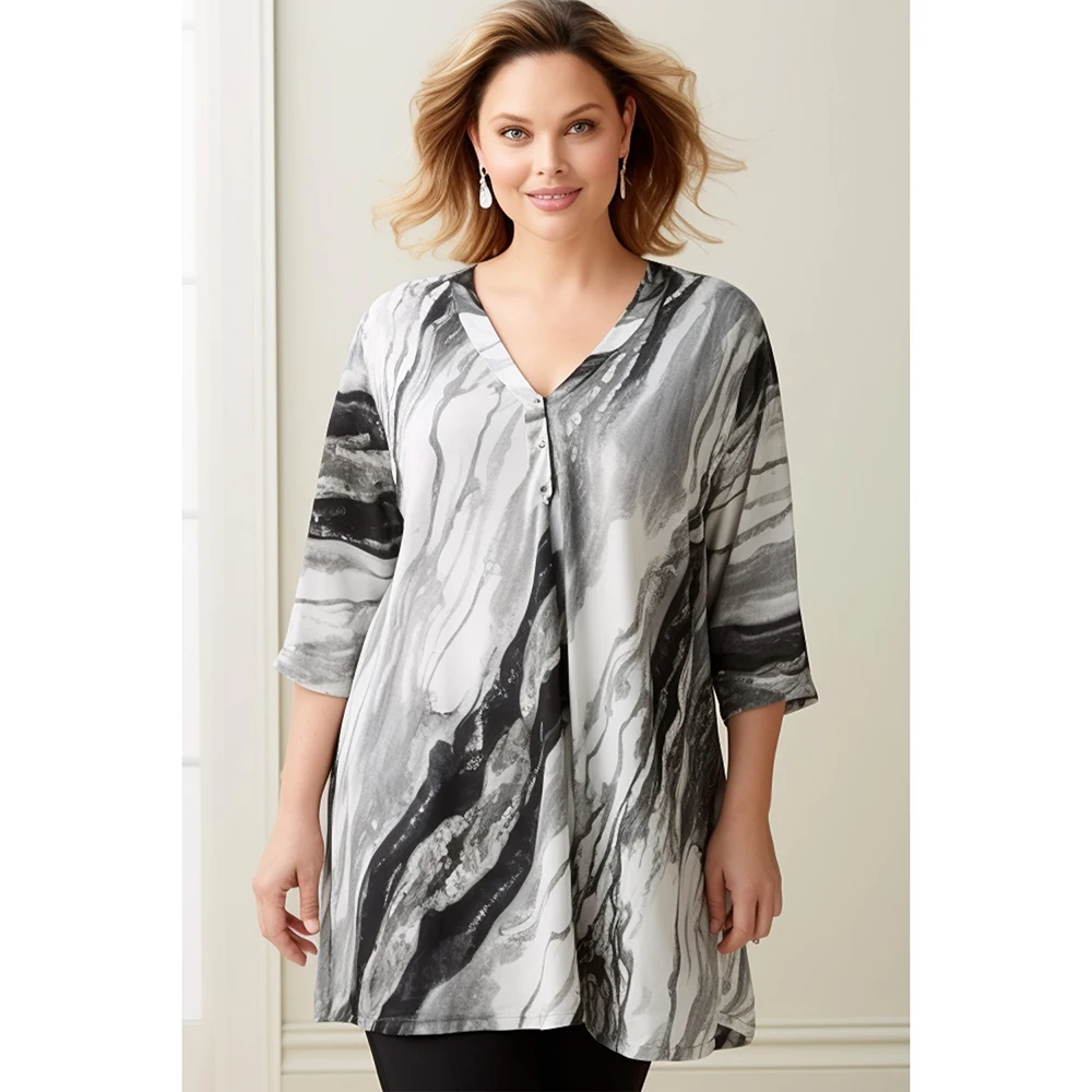 Plus Size Everyday Grey Marble Print 3/4 Sleeve Asymmetric Hem Blouse V-neck Tops