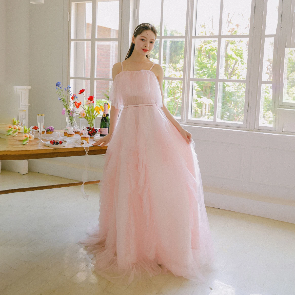 Strapless Korea Garden Evening Dresses Tiered Sleeveless Formal 프롬드레스 Customized Elegant Prom Gowns Party Women Bride