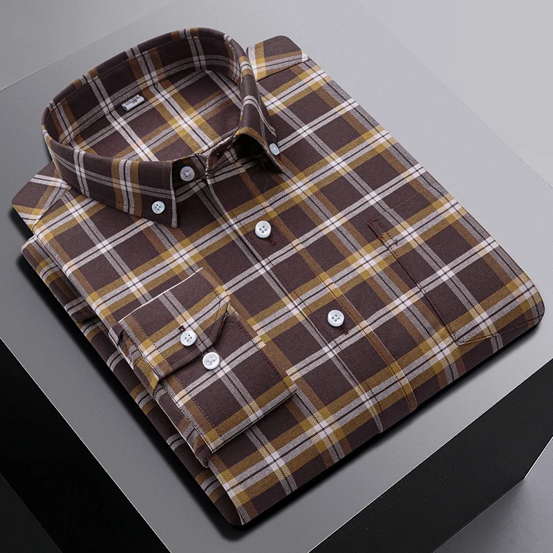 6XL Spring and Autumn new men\'s 100% cotton long sleeve shirt plus size plaid casual comfort Oxford woven pocket free iron