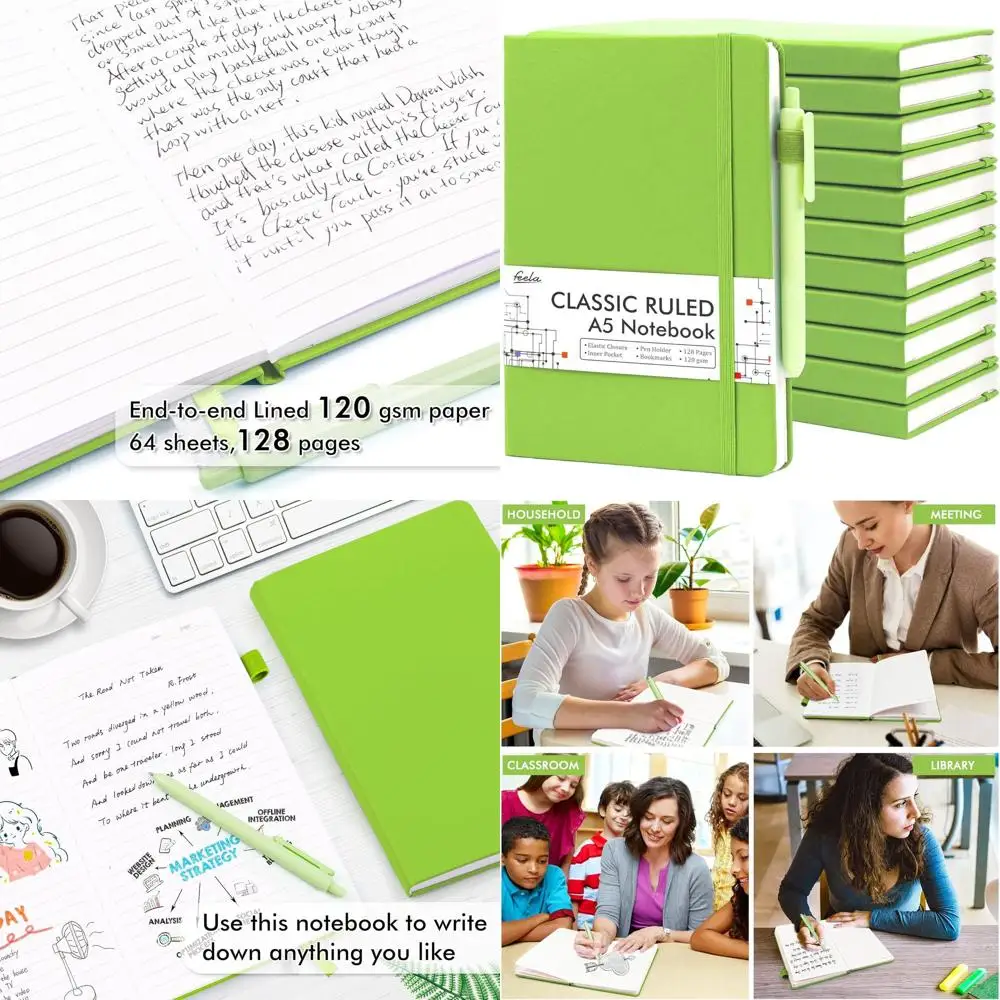 

Набор из 12 тетрадей формата А5 в линейку, 12 ручек, бумага 120 г/м², зеленая обложка, для школы и офиса