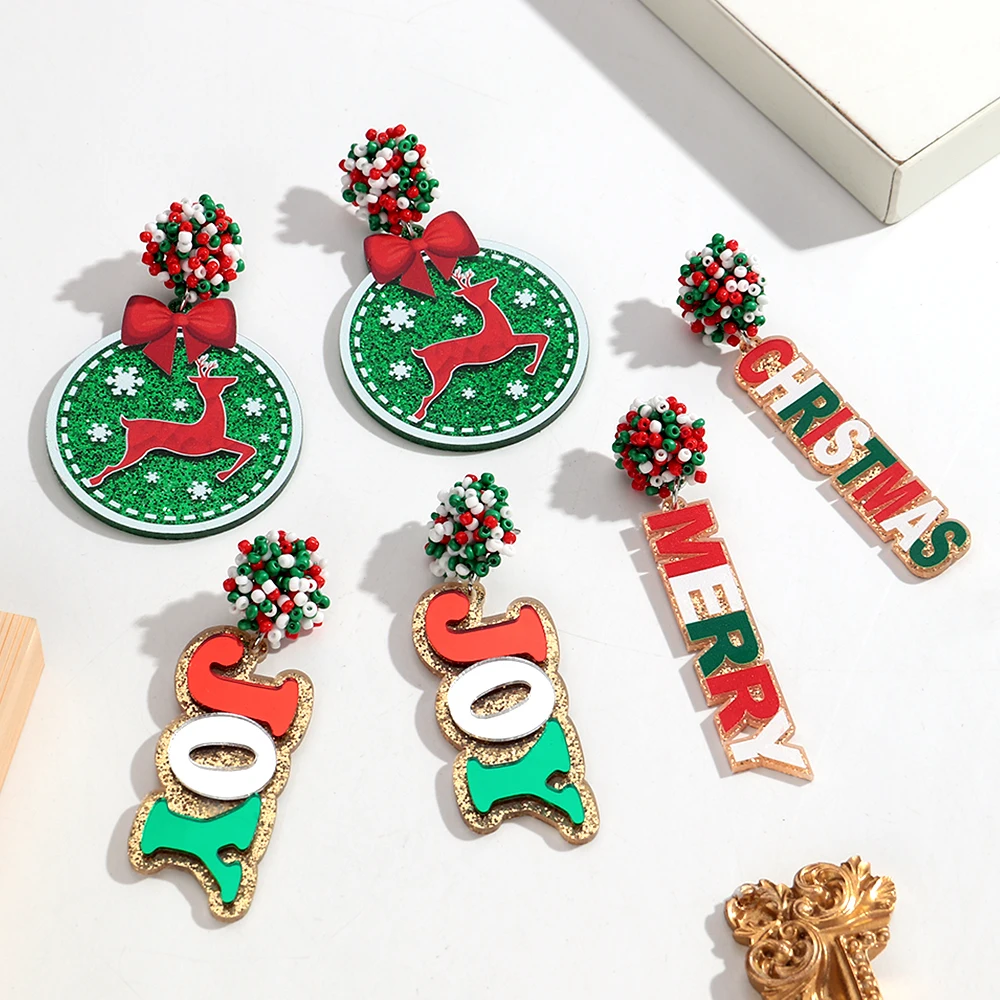 جديد مرآة الاكريليك عيد ميلاد سعيد رسالة إسقاط أقراط للنساء موضة الفرح الأيائل طويل استرخى القرط مجوهرات الحفلات هدايا عيد الميلاد