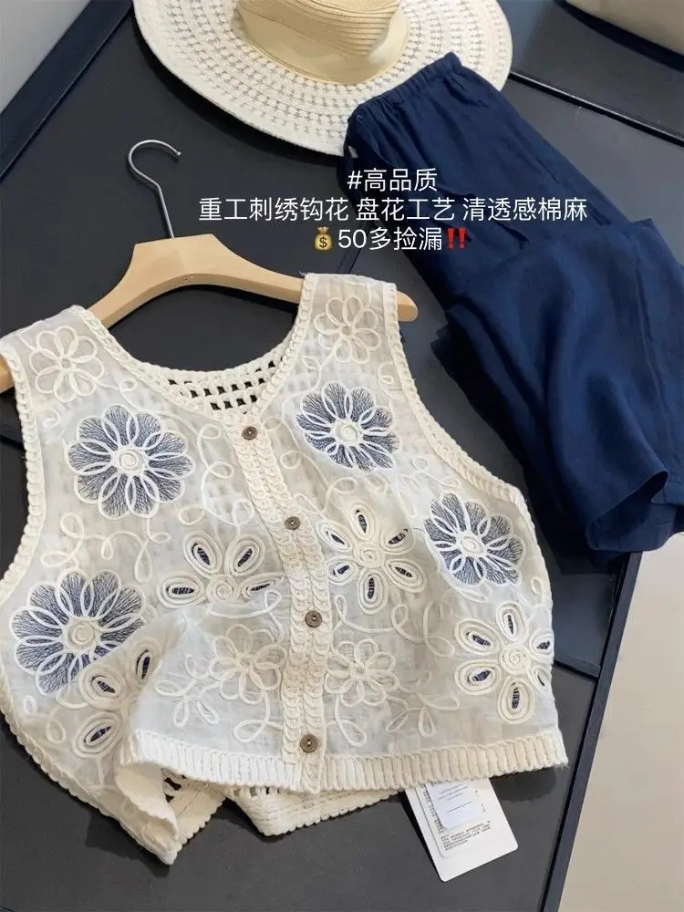 Spring Autumn Summer Ethnic Style Heavy Industry Embroidery Hook Flower Plate Flower Craft Clear Cotton Linen Vest Horse Clip