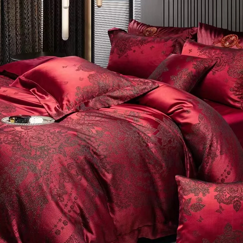 Burgundy Red Luxury Yarn-dyed Jacquard Egyptian Cotton 5Pcs Bedding Set Duvet Cover Bed Sheet Pillowcases With Decorative Pillow