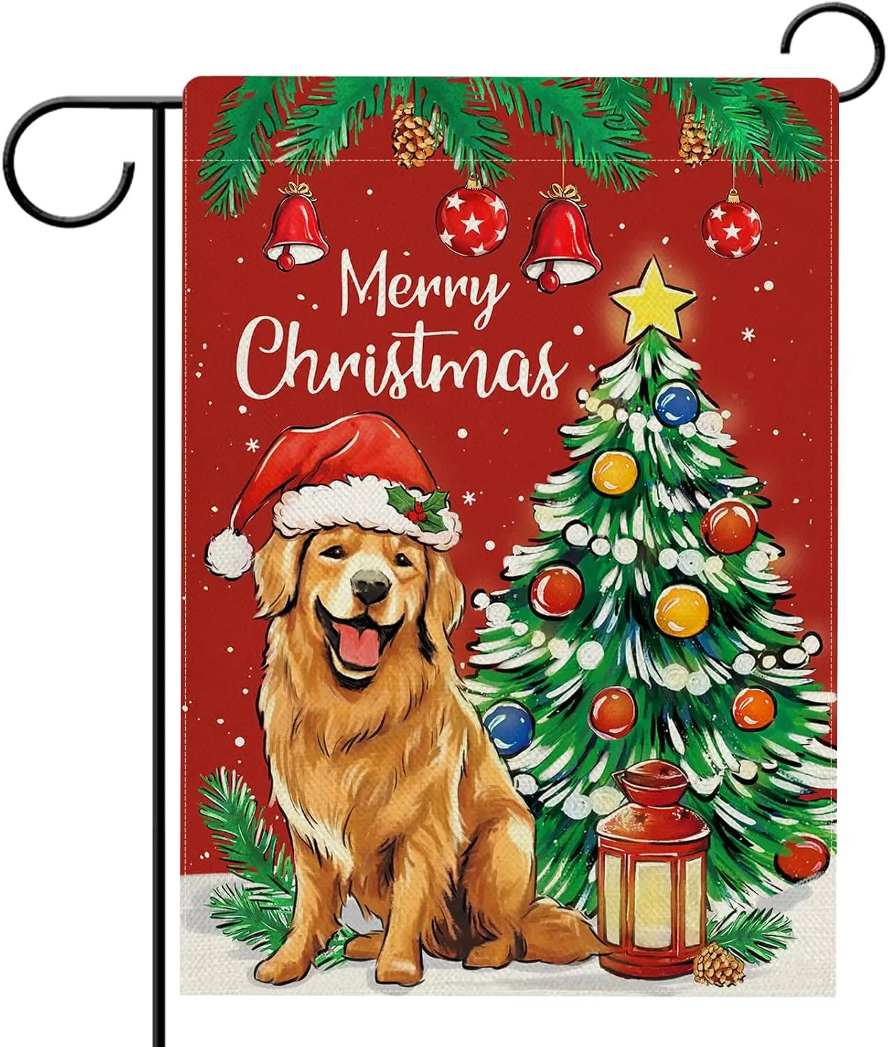 Merry Christmas Golden Retriever Dog Garden Flag, Xmas Tree Puppy Santa Hat Decorative Yard Outdoor Home Small Decor, Lamp Pine