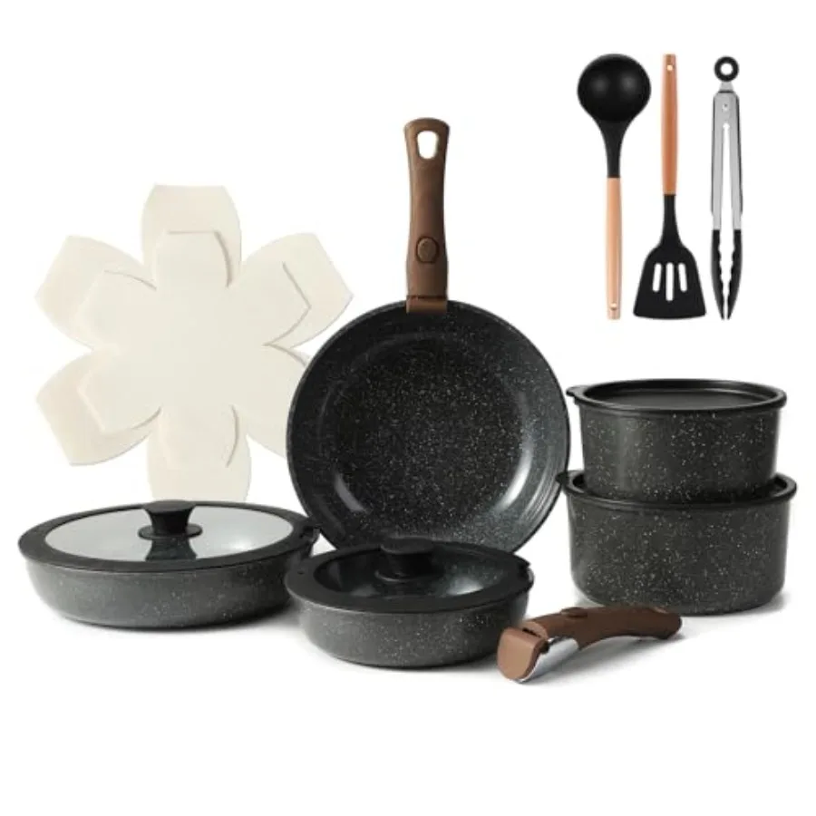 Juego de Utensilios de Cocina de Cerámica de 15 Piezas, Juego de Ollas y Sartenes con Mango Desmontable, Antiadherente