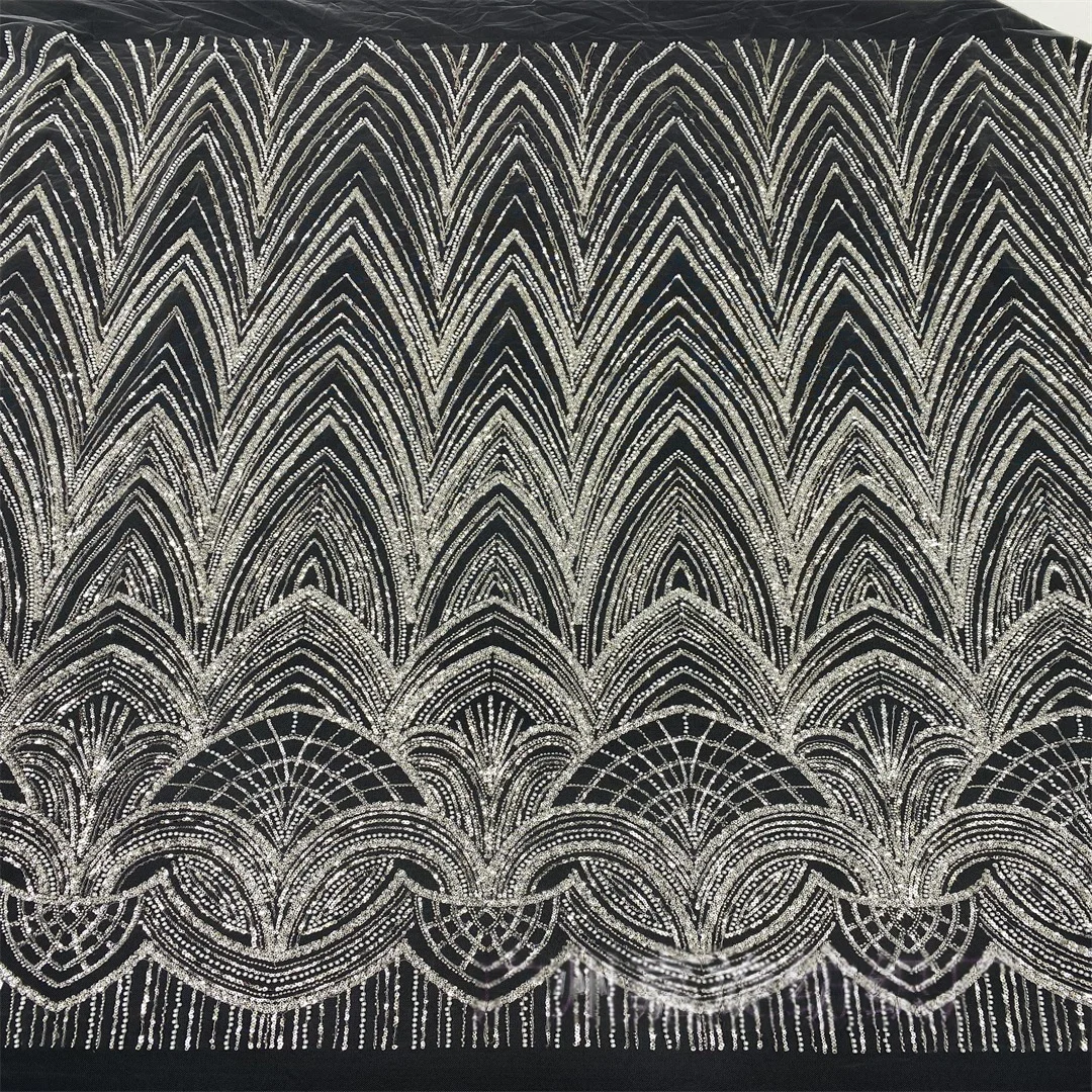 8 Colors Africa V Style Embroidered Pearls Sequin Mesh Tube Fabric Dresses Bridal Evening Party Cloth Material Accessories