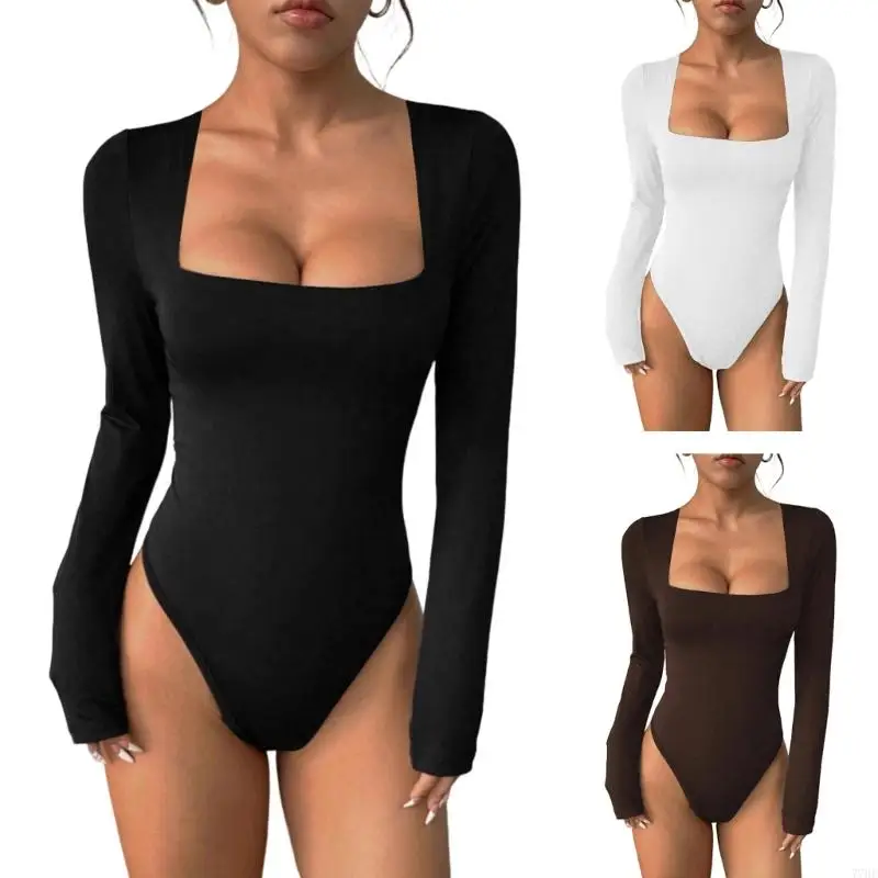 

77HE Women's Square Neck Fit Long Sleeve Bodysuit Stretchy Polyester Fabric for Everyday Wear and Prom Event