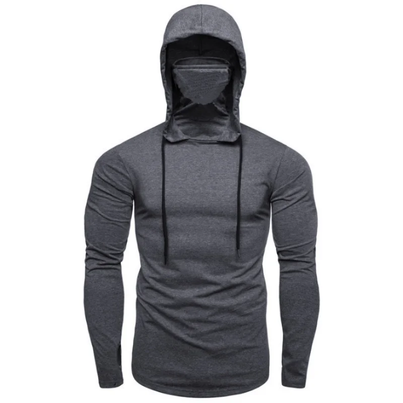 2026 New Mens Gym Thin Long Sleeve Hoodies With Mask Sweatshirt Casual Splice Large Mask Hoodie Bicycle and motorcycle T-shirt