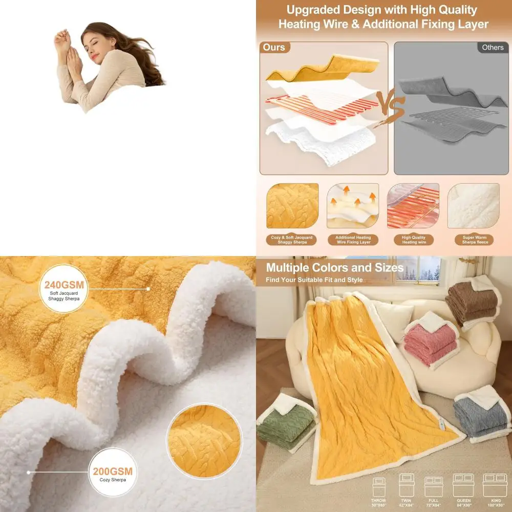 

Полноразмерное желтое электрическое одеяло из шерпа 72x84 — 6 уровней нагрева, 10-часовой таймер, защита от перегрева