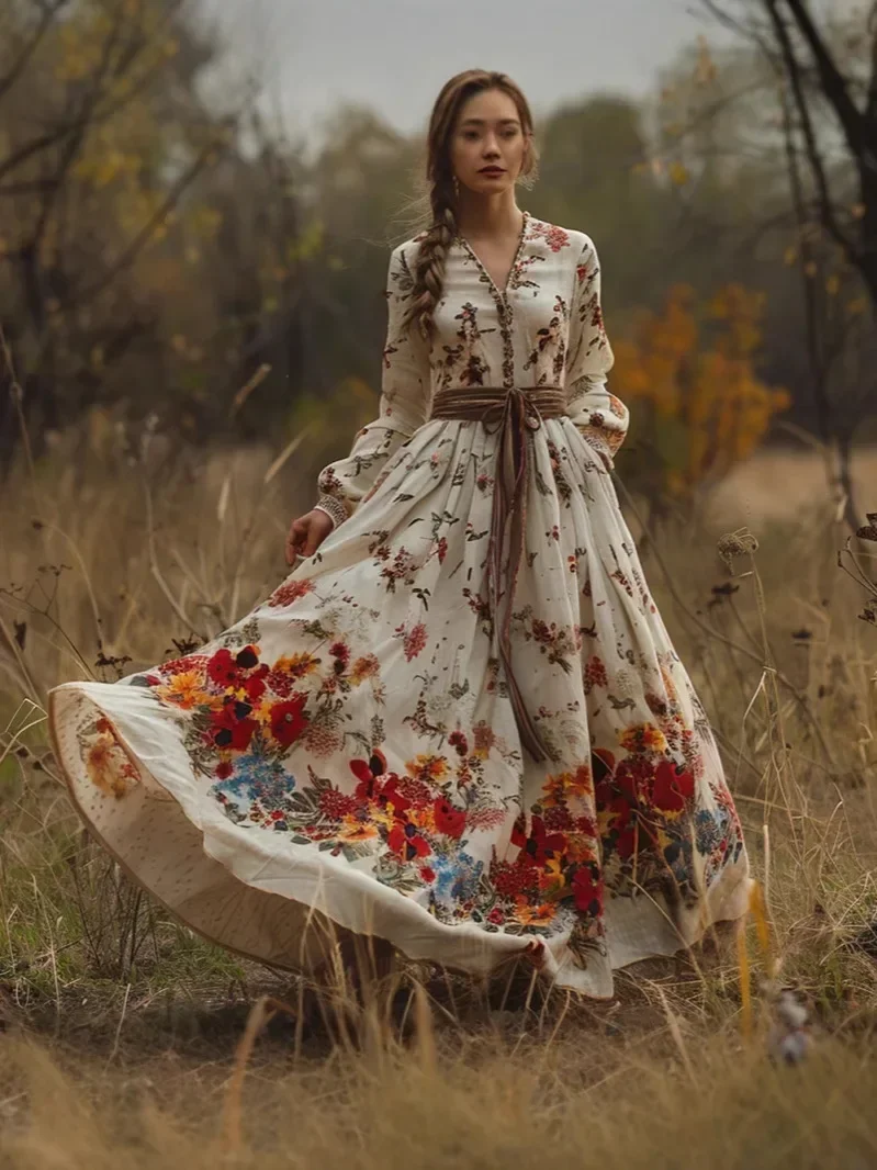 Robe longue à imprimé Floral pour femmes, col en v, ethnique Indie Folk, Vintage, élégante, douce, manches longues, automne 2025