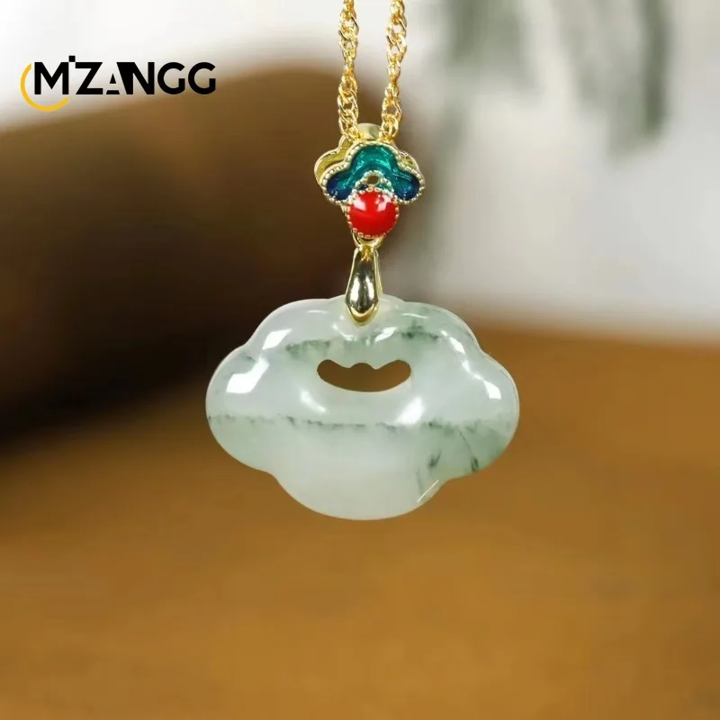 Natural Gold Wire Jade Tianshan Cui Pendant Floating Flower Hollowing Out Ruyi Xiangyun Lock Necklace Retro Simple Gif for Women