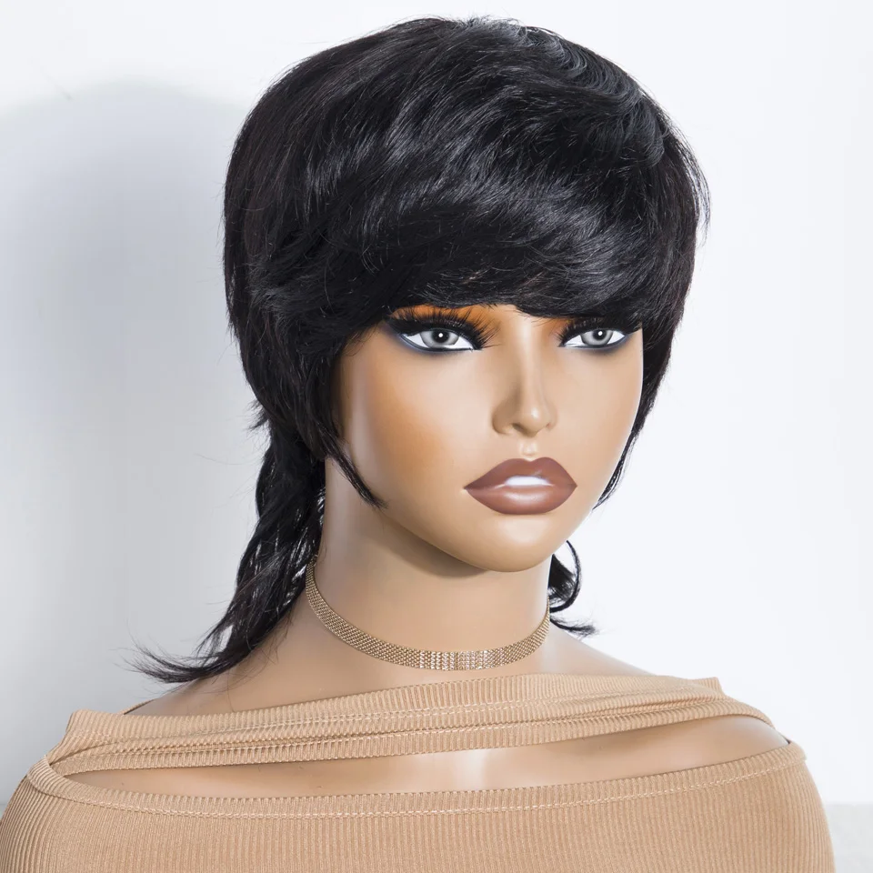 Lekker Colored Bob Short Pixie Cut Wolf Tail Mullet Human Hair Wigs With Bangs For Women Brazilian Remy Hair Straight Bob Wigs