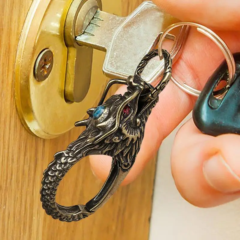 พวงกุญแจทองเหลืองทองเหลืองบริสุทธิ์หัวมังกร Keyrings จี้อุปกรณ์เสริมโชคดี Charm พวงกุญแจ Vintage สําหรับผู้ชายผู้หญิงกระเป๋ารถกระเป๋า