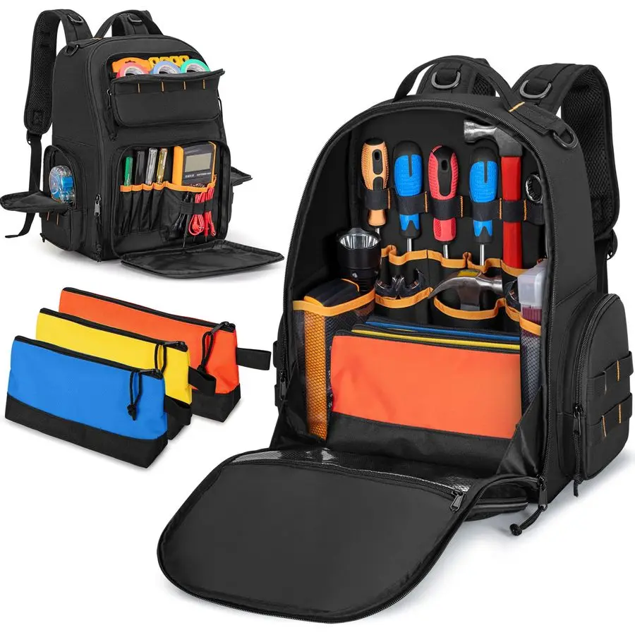 Bag Backpack with 3 Tool Zipper Pouch, Tool Organizer Bag for Men with Padded Support, Tactical Tool Storage Work Bag for Repair