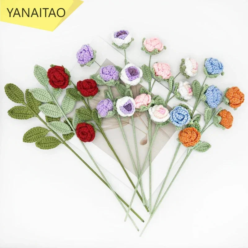 Knitting Crochet Artificial Multi-Head Rose Four Season Leaves Fake Flowers Home Decor Bouquet Wedding Decoration Mother's Day