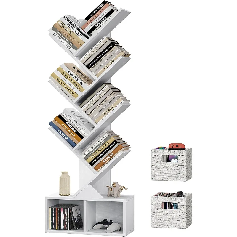 

Tree Bookshelf, 6 Tier Bookshelf with Storage, Tall Narrow Bookcase, Rustic Wood Book Storage Rack for CDs/Books, Small Book