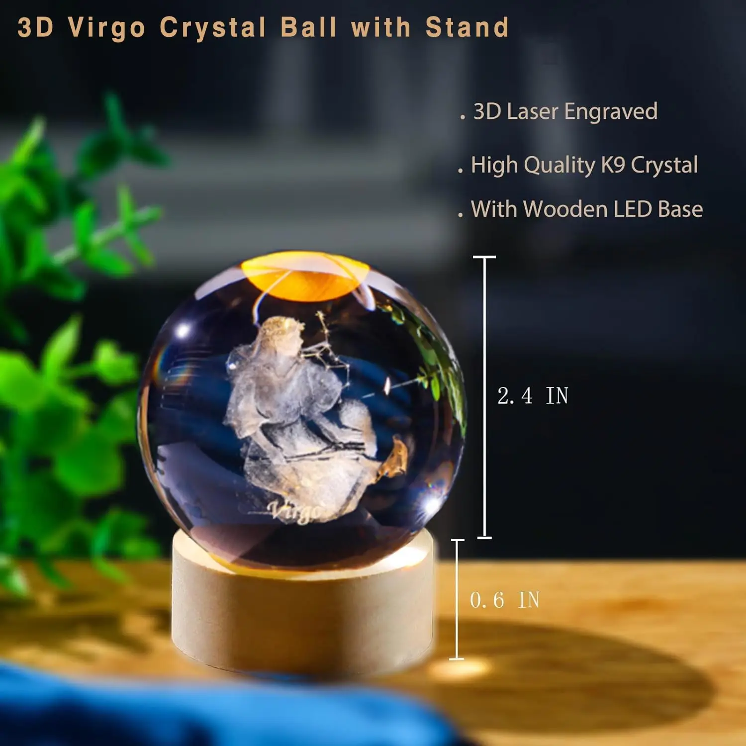 

3D Virgo Crystal Ball with Wood Led Base Constellation Glass Sphere Decorative Balls Paperweight Birthday Gifts Home Decor