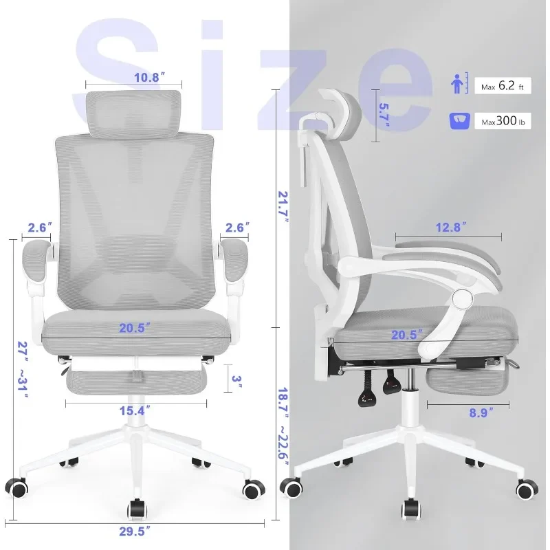 Adjustable Ergonomic Office Chair With Footrest, Ergonomic Desk Chair With Adjustable 2D Lumbar Support, High Back Office Chair