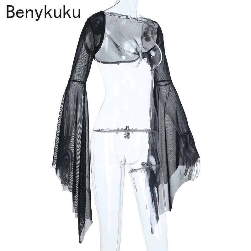 Halloween gothique maille Smock haussement d'épaules femmes Vintage Streetwear point ouvert sorcière voir à travers manches chauve-souris haut court boléro vêtements Sexy