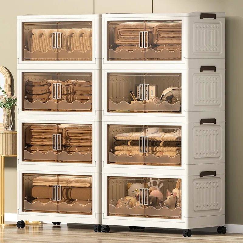 Large Capacity Folding Portable Storage Cabinet Bins Stackable Organizer Box With Wheel Collapsible Toy Storage With Double Door
