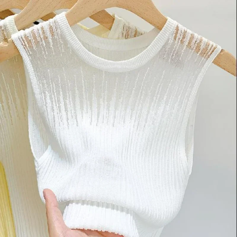 Mesh Patchwork Sleeveless Women Knitted Top Fashion Pullover Bottoming Korean Female Clothing Summer New Solid Casual Tops