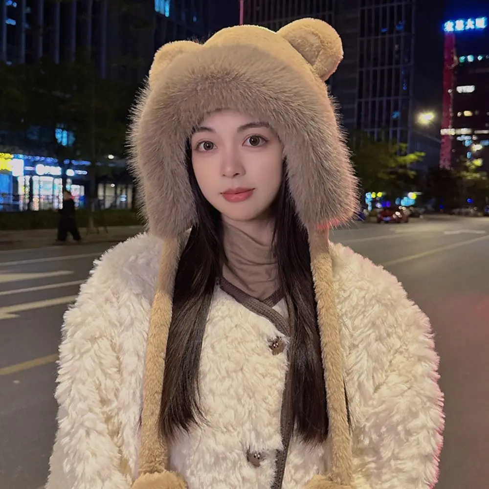 Fashion Korean Cute Bear Ear Hat Plush Casual Faux Fur Bucket Hat Outdoor Warm Women Fluffy Hats Winter