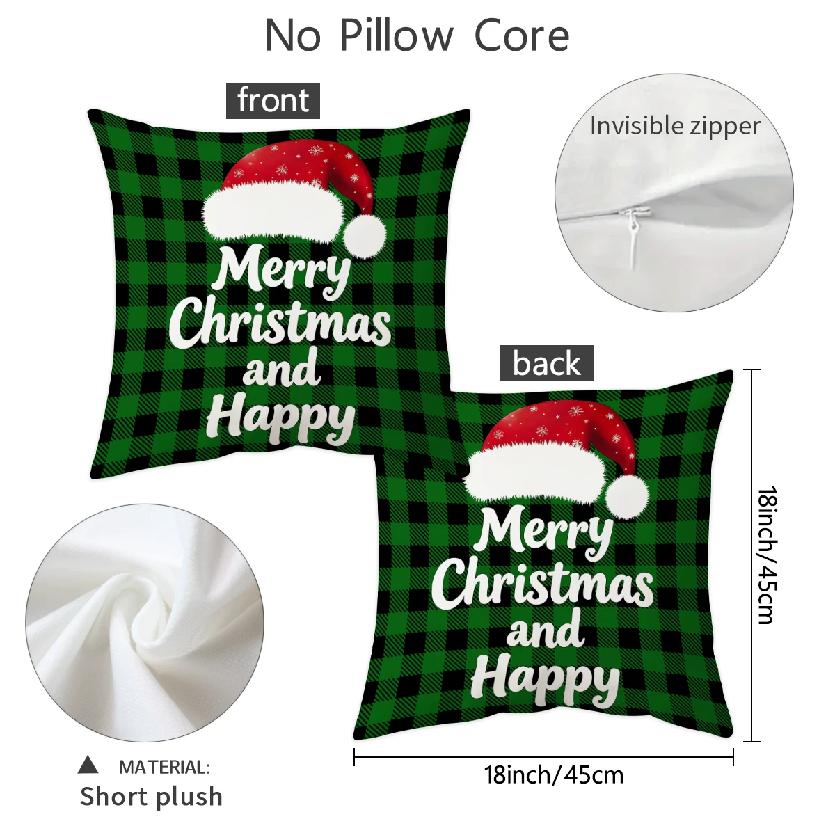 1/2pcs Christmas green checkered pillow cover, 18x18 inch double-sided printed short plush pillowcase (without pillow core)