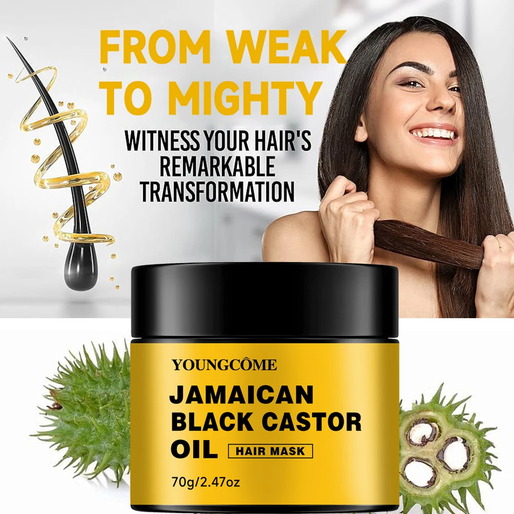 Jamaica Black Castor Oil Hair Mask ประกอบด้วยสาระสําคัญจากละหุ่งสีดําเพื่อซ่อมแซมเส้นผมที่หนา เรียบเนียน แห้ง หยาบ และบํารุงเส้นผม