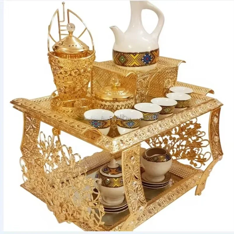 new design decorative metal popular  coffee rekebot table tray set