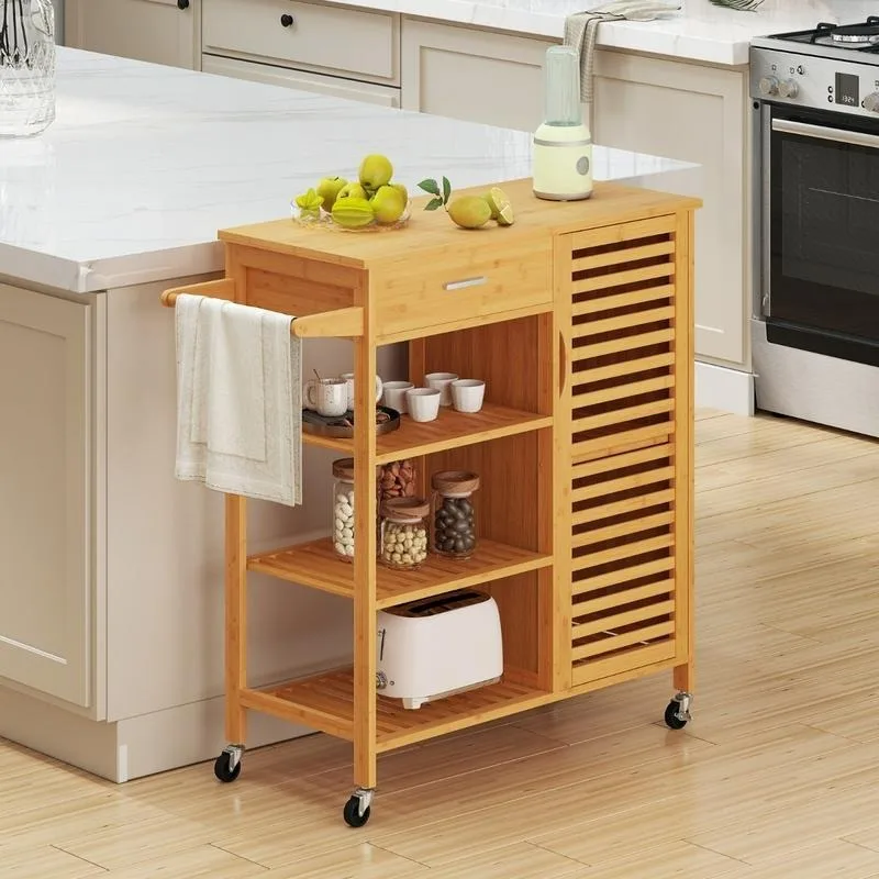Carrito de Cocina Rodante de Bambú con Diseño Ventilado de Listones, Soporte para Toallas, Asa y Almacenamiento Móvil para el Hogar y Comedor