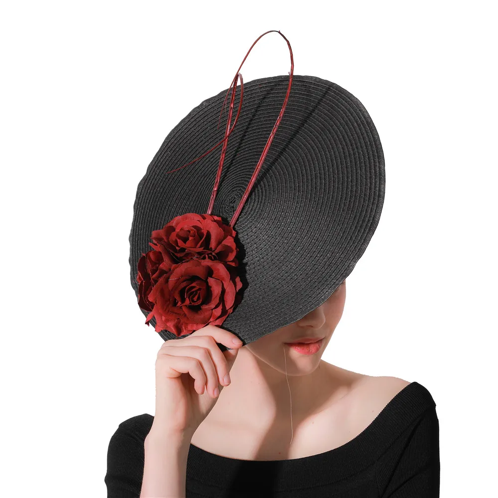 

Black Fascinatos Big Derby Hats Chapeau With Marron Flowers Ladies Women Female Tea Party Race Headwear Large Headpiece Vintage