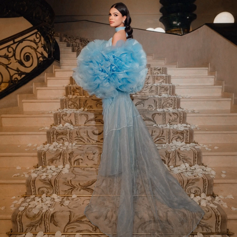 

Romantic Blue Puffy Jacket Organza Women Cape Handmade Female Oversize Jacket Wedding Bridal Coat Outfit Jacket for Dress