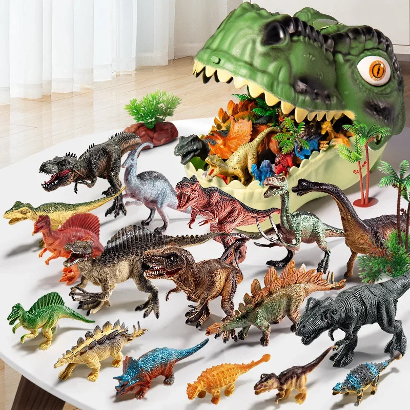 Figuras de acción de dinosaurios para niños, juguetes de simulación del mundo, modelos jurásicos, cabeza de tiranosaurio de PVC, caja de almacenamiento, regalos para niños, 46 piezas por juego