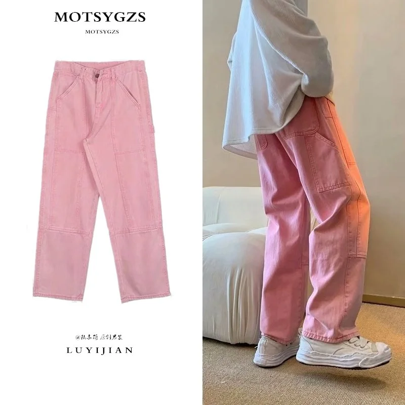 Letnie różowe dżinsy męskie modne torba w stylu Retro dżinsy Cargo mężczyzn w stylu Streetwear Hip Hop luźne proste spodnie jeansowe męskie spodnie S-3XL