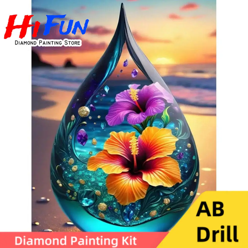

AB Drills Diy 5d Diamond Painting Art Hibiskus Flowers Waterdrops Mosaic Cross Stitch Decor Abstract Nature Element Art Gift