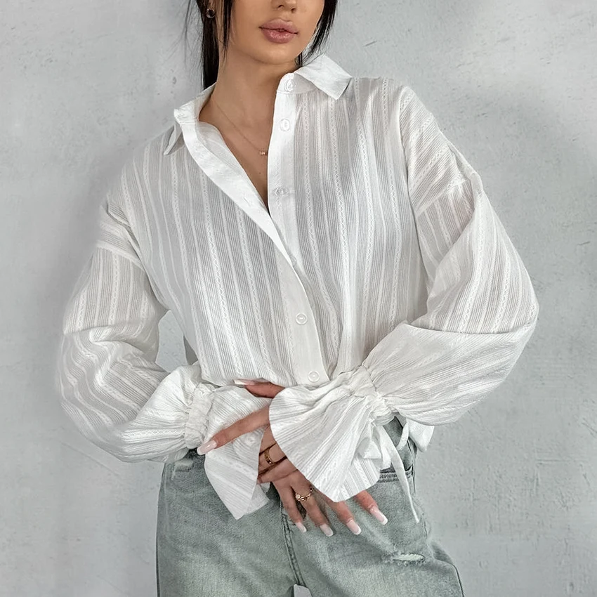 

Linad Sexy Solid Color White Loose Shirts Summer Jacquard Weave Blouses Pure Cotton Flared Sleeves Shirts Fashion Office Autumn