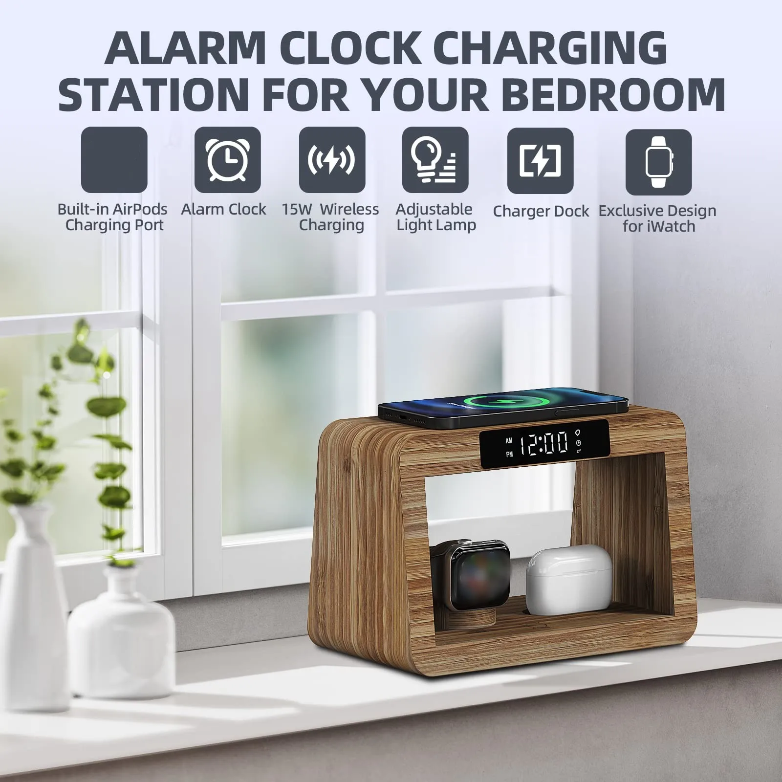 Top selling products 2024 Digital Alarm Clock With Wireless Charging For iphone 15 14 Charger Fast Charger Magnetic For Earphone