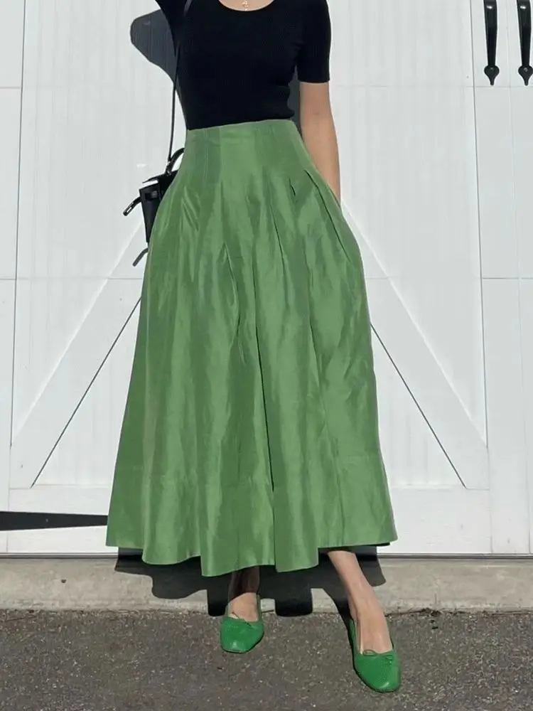 Faldas Mujer Moda Retro Temperament Green High Waist Slim Big Umbrella Skirts Pocket Women Pleated Long Casual Jupe