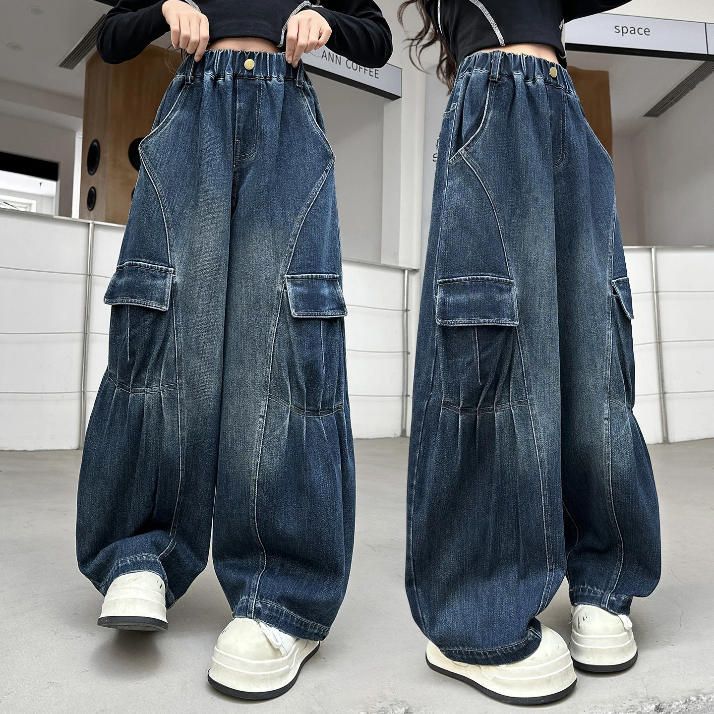 

New Kids Designer Loose Straight Stacked Jeans for Tween Girls High Fashion Street Denim Pants Children Stylish Cargo Trousers