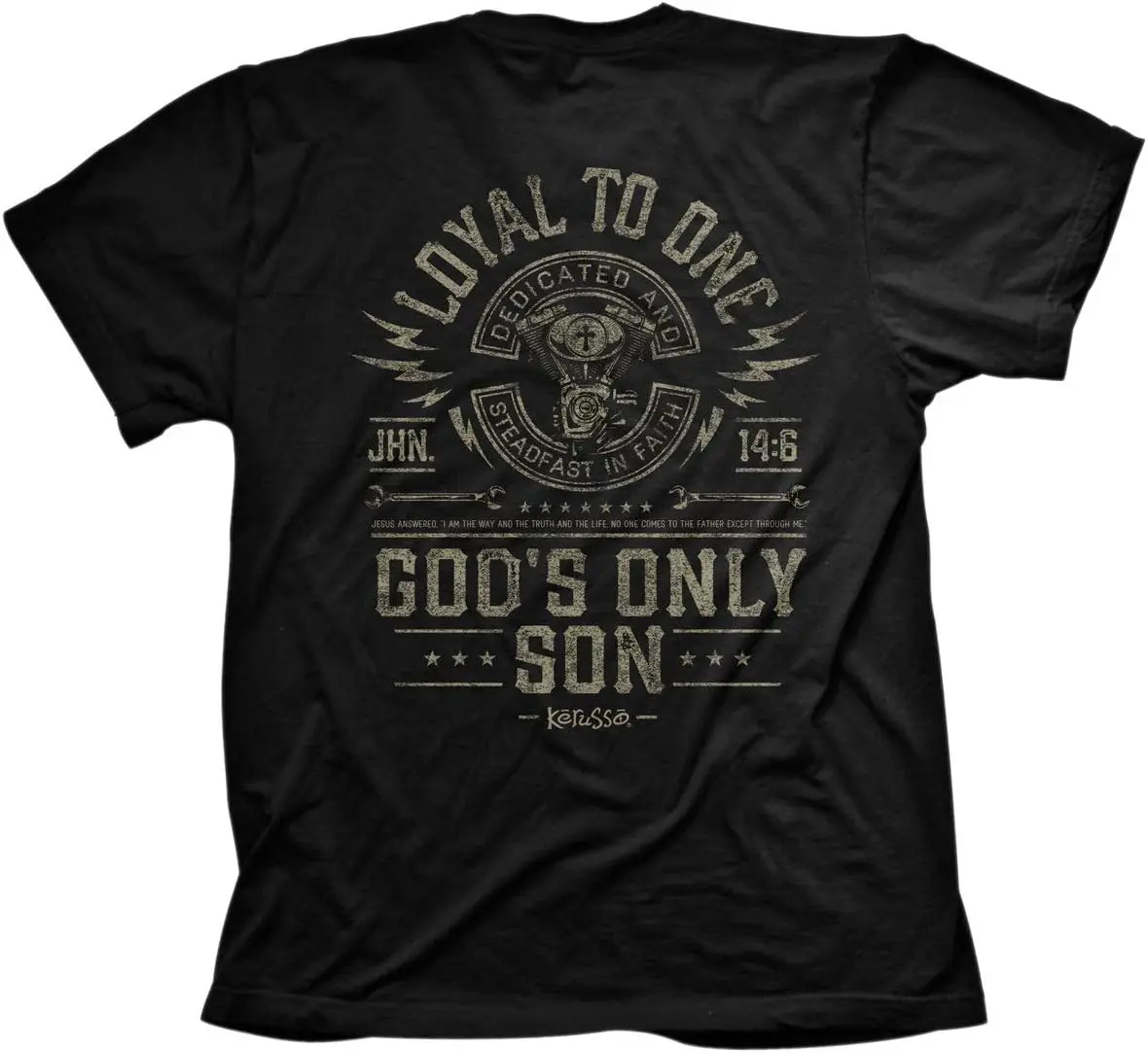 

Черная хлопковая футболка с круглым вырезом Kerusso Loyal to One God's Only Son, посвященная и Steadfast in Faith, маленькая